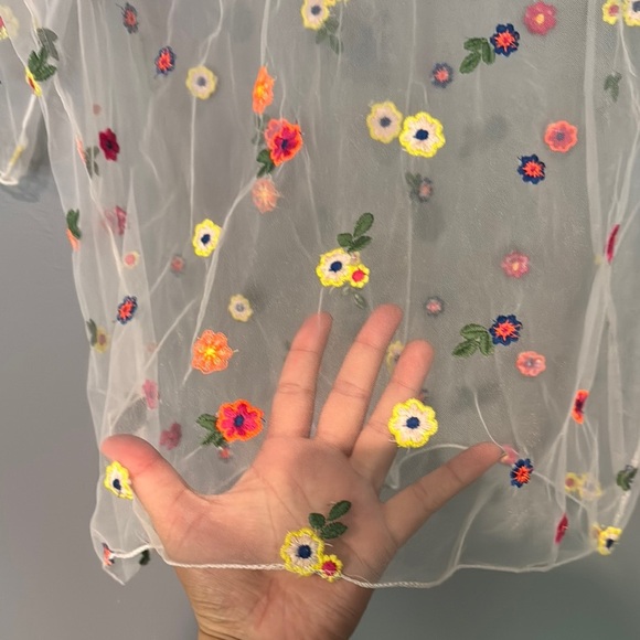 SHEIN Pink and Blue Sheer Embellished 3/4 Sleeve Blouse - Picture 4 of 6